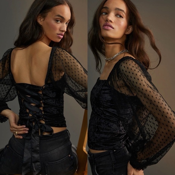 Anthro | Porridge Velvet Lace Tie-Back Blouse in Black size Medium - Picture 1 of 14